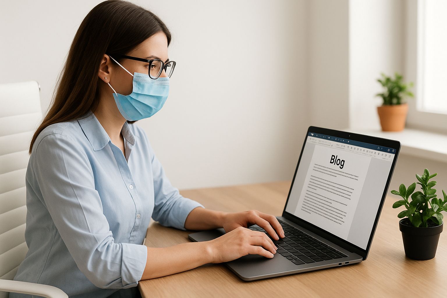 Arbetsplats med laptop, anteckningsbok och kaffekopp, symboliserar bloggskrivande.